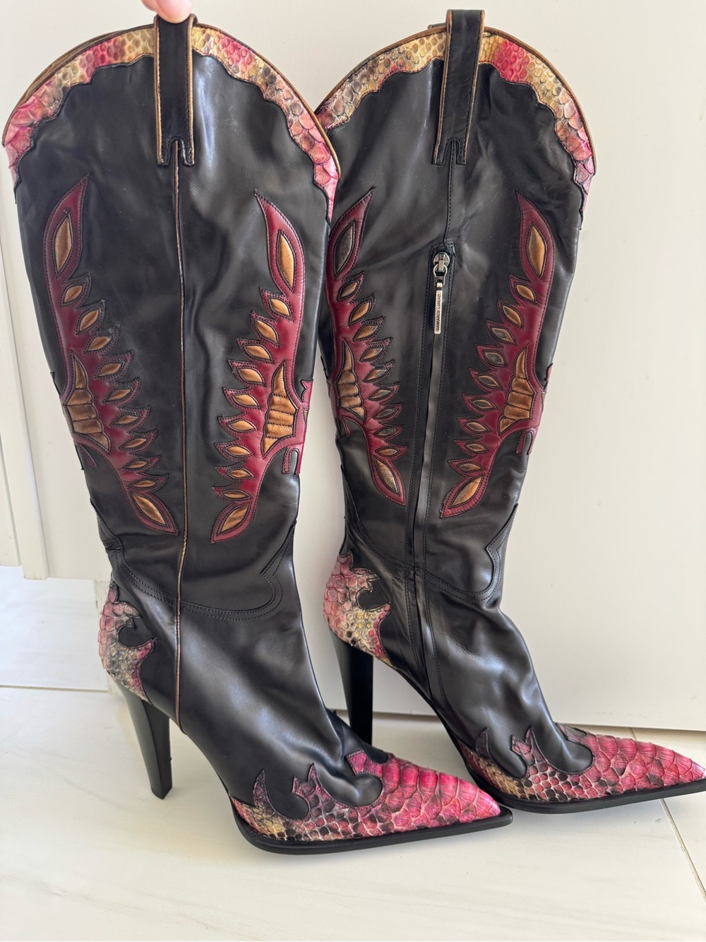Gianmarco Lorenzi Western Boots Pink Snakeskin Stiletto Heel Leather IT 41 US 10